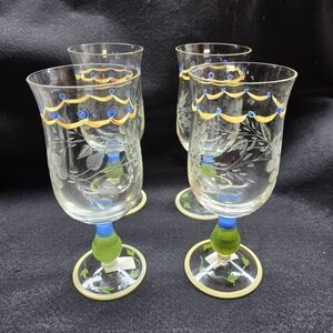 Artisan Glass Goblets with Yellow and Blue Details